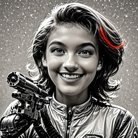 Realistic, cinematic shot, selective color, monochrome background, 4k, Gadget fighting aliens, 18yo, blaster, alien planet, Gadget, smile, perfect face, easynegative, ALRGFC, alluring face, Stable_Yogis_PDXL_Positives