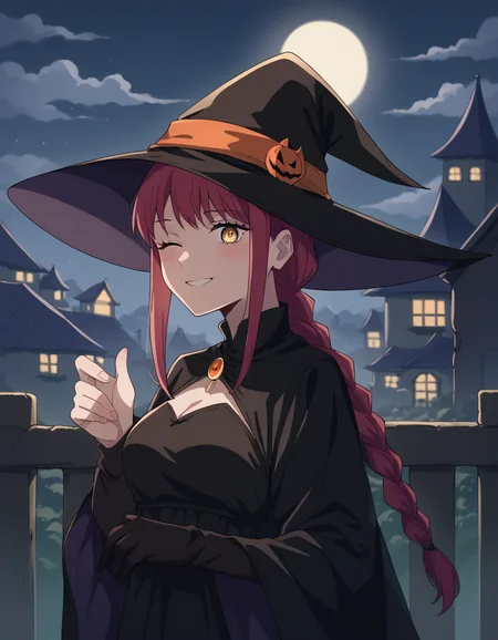 score_9, score_8_up, score_7_up, source_anime, <lora:chainsaw-man-makima-s1-ponyxl-lora-nochekaiser:1> makima, long hair, smile, bangs, yellow eyes, braid, red hair, braided ponytail, ringed eyes, medium breasts,, <lora:witch-ponyxl-lora-nochekaiser:1>, witch, hat, witch hat, dress, halloween, halloween costume, jewelry,, night, moon, blush, smile, one eye closed,, looking at viewer