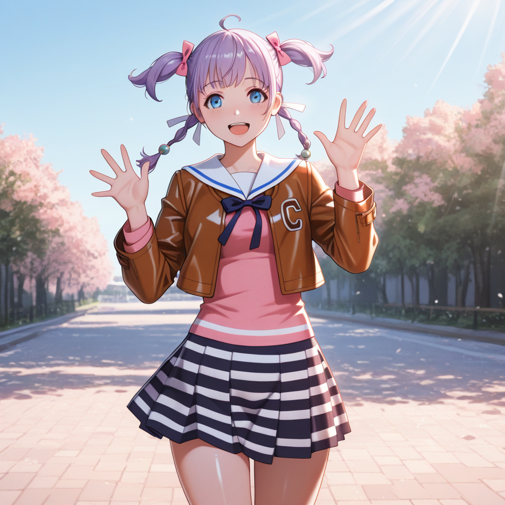 masterpiece, best quality, amazing quality, absurdres, newest, warm lively light, detailed background, lively and bustling atmosphere, definition so sharp, Ultra-HD, 8K cinematic, very awa, impressionate, amazing quality, highres, 

solo, shadow, shiny skin, female, outdoor, beauty, elegant, pastel color, outdoor, day, blue sky, sunbeam,

cecilsudou,cecil_purple hair, cecil_blue eyes,1girl, twin braids, twintails, ahoge,ribbon, bow, hair bow, hair beads, brown leather jacket, sailor dress, striped clothes, pleated_skirt, striped skirt,
big smile, waving hand, hands up