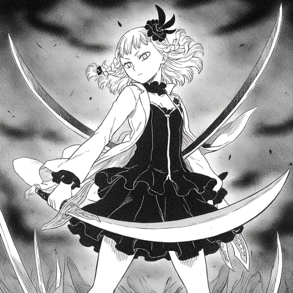weapon, braid, blonde hair, hair ornament, greyscale, sword, dress, holding, monochrome