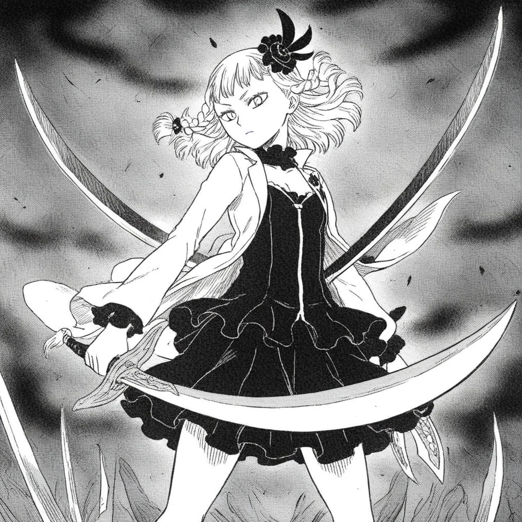 weapon, braid, blonde hair, hair ornament, greyscale, sword, dress, holding, monochrome