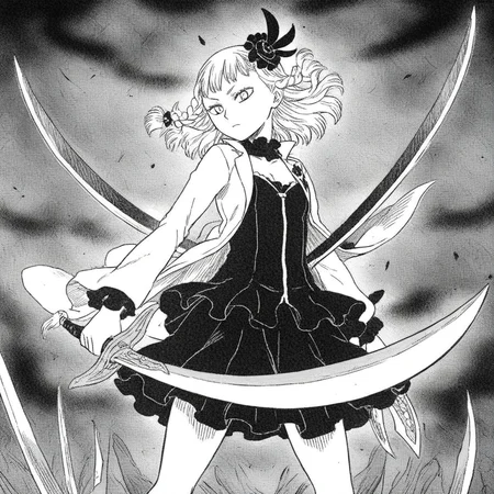 weapon, braid, blonde hair, hair ornament, greyscale, sword, dress, holding, monochrome