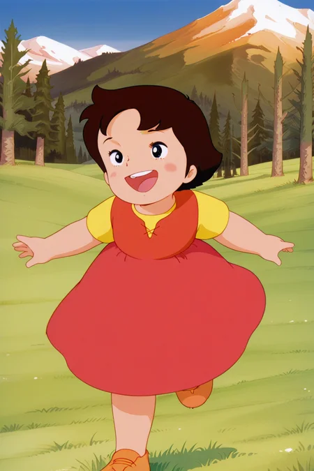 masterpiece, best quality, amazing quality, absurdres, alpsheidi, brown hair, solo, smile, open mouth, running, yellow shirt, red dress, outdoors, mountains, pine trees, field, grass, retro artstyle