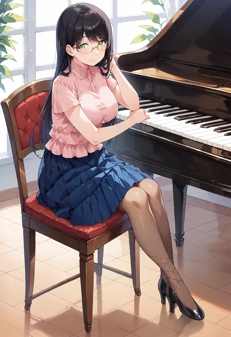 score_9, score_8_up, score_7_up, , source_anime, , hanyuyuzuki, 1girl, solo, rimless eyewear, black hair, green eyes, breasts, long hair, smile, blue pleated skirt, collared blouse, looking at viewer, , swept bangs, <lora:hanyu_yuzuki_pony3:1> long skirt, pantyhose,black footwear, sitting, piano, on chair,