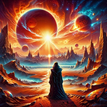 A Person standing on a cold and deserted planet, looking at 2 distant suns in the background, 1980s fantasy style, Masterpiece realistic, best high quality, perfect details, intricate details, nice lighting, detailed background,<lora:1980s_Fantasy_Style_SDXL:1.0>