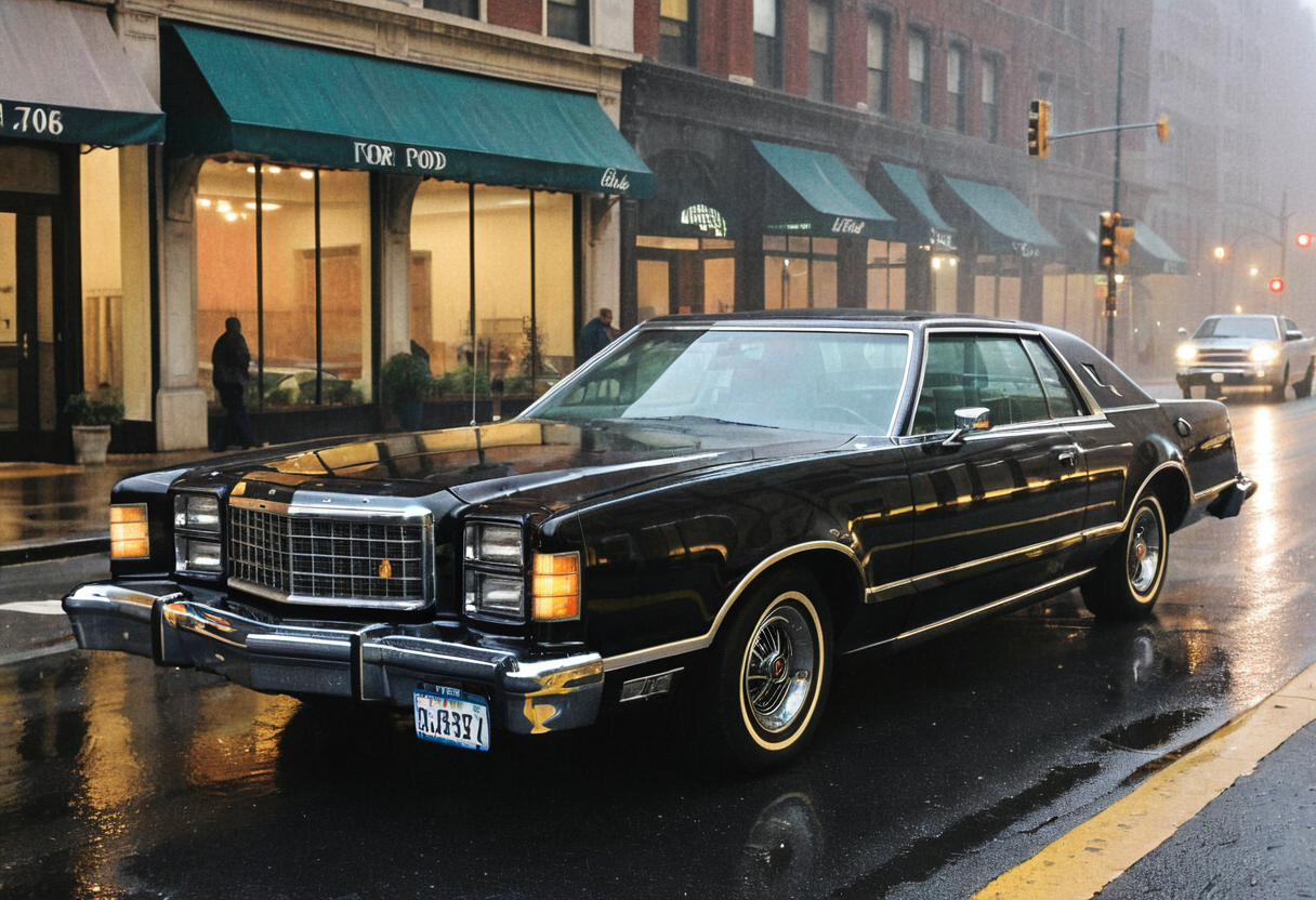ClassicMuscleCar, gleaming black Ford LTD, sideview, wet Manhattan avenue, foggy raining late afternoon, reflections, 4K, highly detailed, (stylish grainy analog 35mm film photo)
