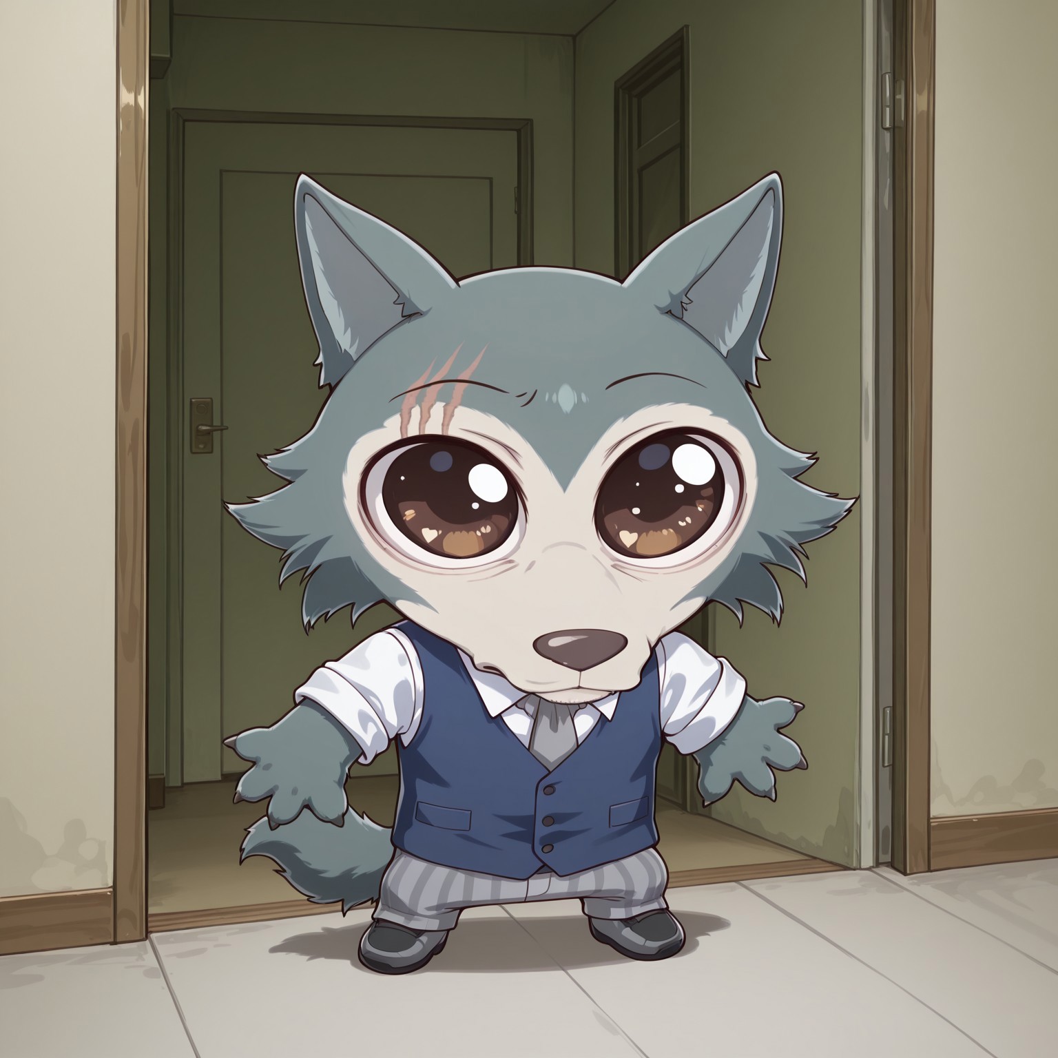 score_9, score_8_up, score_7_up, best quality, masterpiece, source_anime,  BREAK
in apartment, Legoshi, anthro, wolf, beastars, scar on right brow, animal ears, grayish blue fur, brown eyes, blue vest, white dress shirt, gray tie, gray pants, no humans  <lora:Legoshi:1> 
mikus-concept, full body, big eyes, chibi