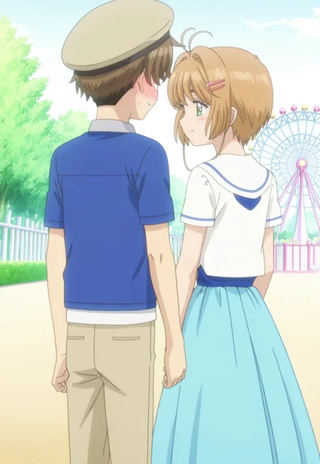 masterpiece, absurdres, highres, (anime screencap:2, anime coloring:2), official art, accurate art style, very aesthetic, flat colors, official screencap, style parody, proper proportions, CCS_Character-Pack, CCS_Clear Card, BREAK, 1girl, sakura kinomoto, brown hair, short hair, bangs, antenna hair, hair intakes, green eyes,  hat, white sailor collar, short sleeves, white shirt, hairclip, skirt, shirt, hair ornament, blue skirt, sailor collar, black headwear, standing, warm smile. other with male, BREAK, 1boy, syaoran li, brown hair, short hair, bangs, thick eyebrows, yellowish brown eyes, blue sweatshirt, brown pants, blush, warm smile, BREAK, hetero, couple, BREAK, detailed background, outdoors, amusement park, dawn, BREAK, cowboy shot, BREAK, vibrant colors, bloom, vignette, cinematic lighting, 75% soft lighting, 25% dark lighting