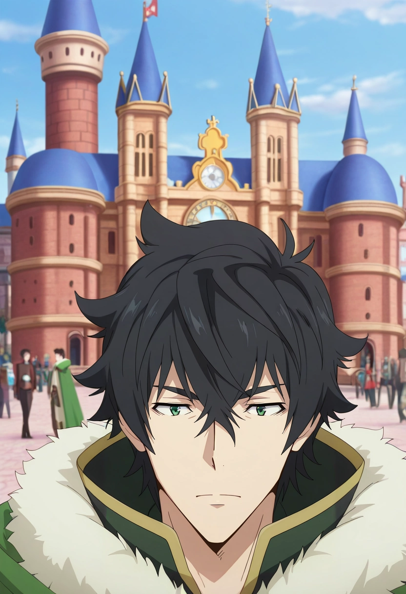 masterpiece, best quality, , anime screencap, , official style, , 1boy, solo, male focus, <lora:naofumi_iwatani_ilxl:0.98>, naofumi_iwatani, black hair, green eyes, short hair, hair between eyes, bangs, green cape, fur trim, straight-on, disneyland, day, sunny, breast rest, relaxed,