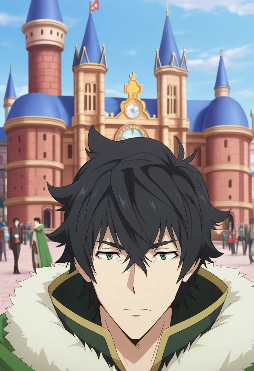 masterpiece, best quality, , anime screencap, , official style, , 1boy, solo, male focus, <lora:naofumi_iwatani_ilxl:0.98>, naofumi_iwatani, black hair, green eyes, short hair, hair between eyes, bangs, green cape, fur trim, straight-on, disneyland, day, sunny, breast rest, relaxed,