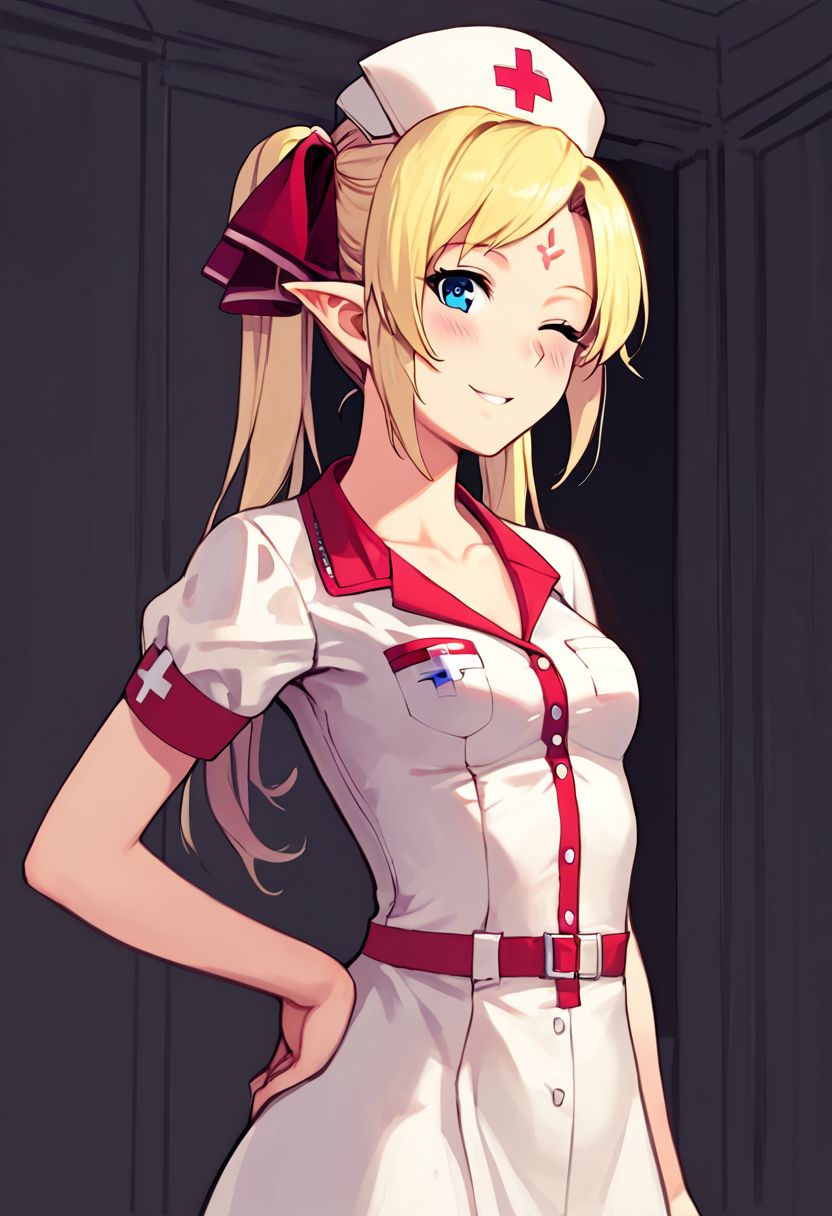 solo, looking at viewer, score_9, score_8_up, score_7_up, score_6_up, score_5_up, score_4_up, rating_questionable, , source_anime, digital illustration, pixiv, fanbox, uncensored, slightly pointed ears,, 1girl tilarna exedilika, forehead mark twintails, blonde hair, blue eyes, hair ribbon, (best quality) , (highly detailed) ,masterpiece ,absurdres ,detailed face ,beautiful face ,(detailed eyes, deep eyes, anime eyes) ,1girl , solo, upper body, slight smile, small breasts, nurse cap, one eye closed, white dress, garter straps, thighhighs, blush, short sleeves, ;d, black thighhighs, looking at viewer, female focus, nurse, hat, indoors, dress, hand on hip, bow, collarbone, infirmary,
cowboy shot, black background,