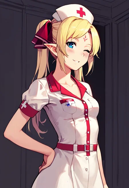 solo, looking at viewer, score_9, score_8_up, score_7_up, score_6_up, score_5_up, score_4_up, rating_questionable, , source_anime, digital illustration, pixiv, fanbox, uncensored, slightly pointed ears,, 1girl tilarna exedilika, forehead mark twintails, blonde hair, blue eyes, hair ribbon, (best quality) , (highly detailed) ,masterpiece ,absurdres ,detailed face ,beautiful face ,(detailed eyes, deep eyes, anime eyes) ,1girl , solo, upper body, slight smile, small breasts, nurse cap, one eye closed, white dress, garter straps, thighhighs, blush, short sleeves, ;d, black thighhighs, looking at viewer, female focus, nurse, hat, indoors, dress, hand on hip, bow, collarbone, infirmary,
cowboy shot, black background,