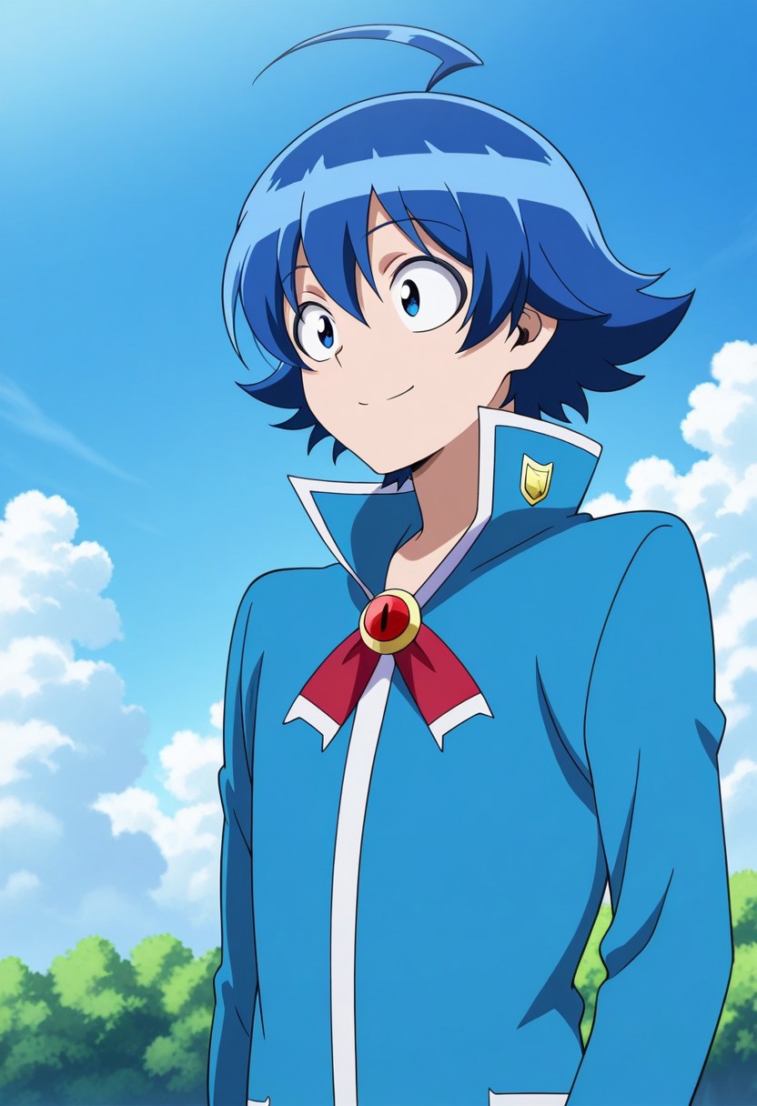 masterpiece,best quality,amazing quality, source_anime,
IrumaSuzuki, 1boy, male focus, solo, blue eyes, blue hair, ahoge, hair between eyes, school uniform, jacket, blue jacket, popped collar, brooch, bowtie, smile
outdoor, sky, day, clouds,