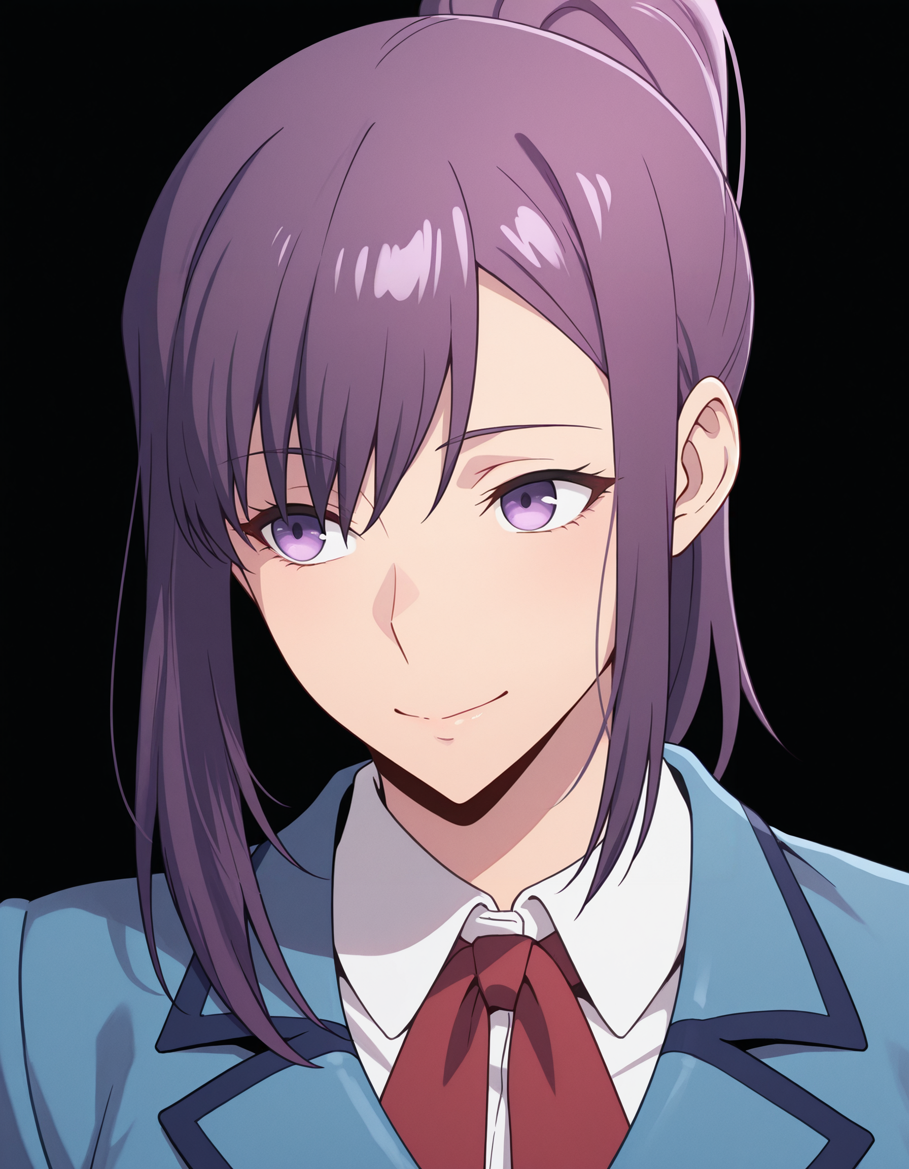 <lora:Jin Ah Illu:1> 1girl, solo,
jin-ah, purple eyes, purple hair, ponytail, sidelocks,
pencil skirt, collared shirt,  white shirt, blue jacket, school uniform, white socks, red neck ribbon, 
portrait, closed smile, masterpiece, best quality, amazing quality, simple background, black background,