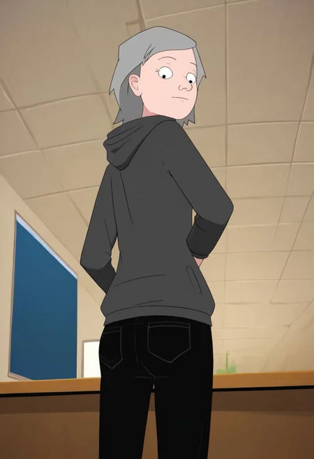 leslie_hoodie, 1girl, gilf, wrinkles, short grey hair, small black eyes, brown sweater, black pants, black ballerina, hood off, score_9_up, score_8_up, score_7_up, BREAK, 1girl, solo, from behind, looking back, from below, low-angle shot, butt focus, head tilt, looking at viewer, ultra detailed, detailed background, office, masterpiece, best quality, 8k, Expressiveh,