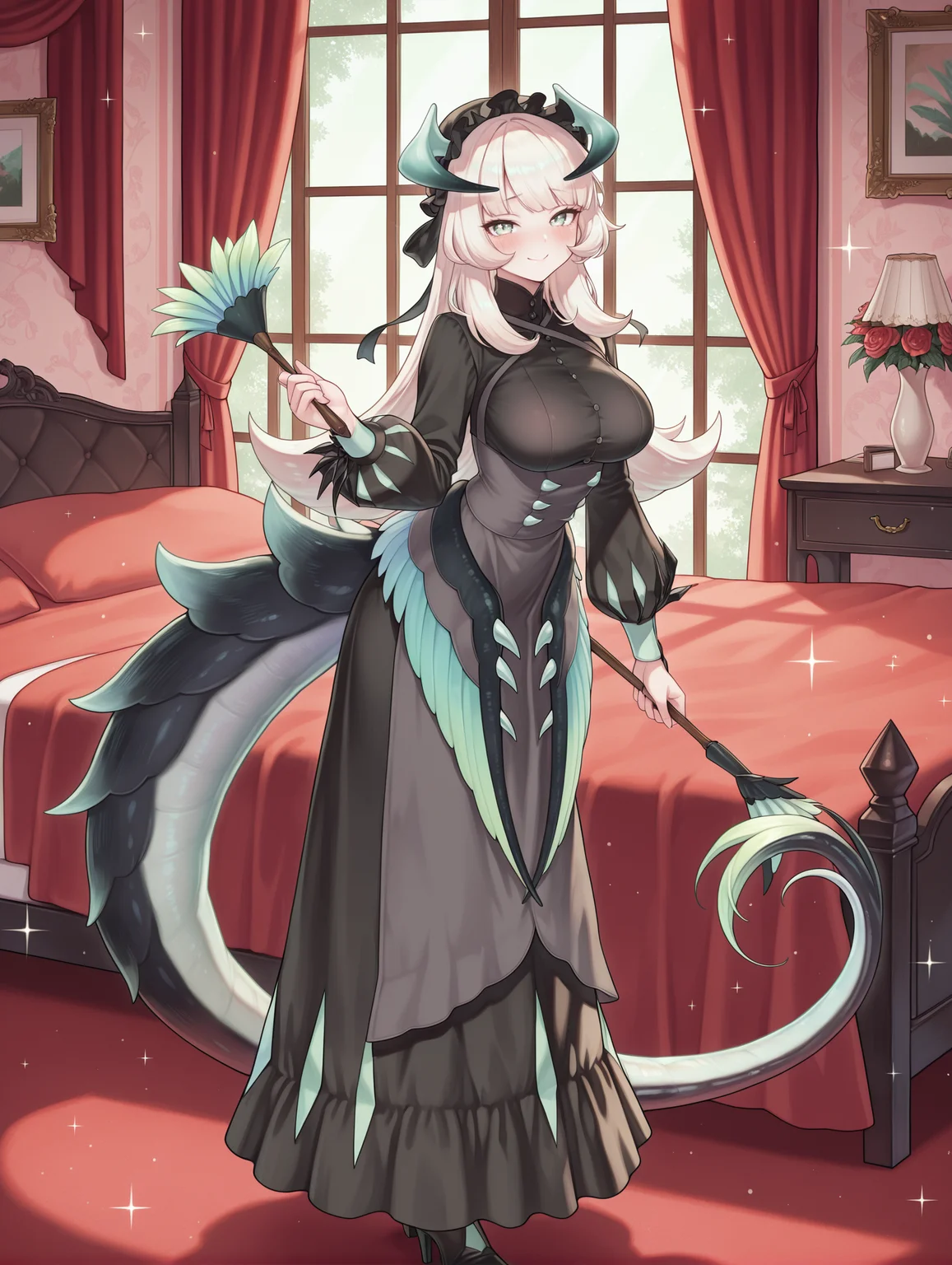 chamber dragonmaid,1girl,solo,indoors,looking at viewer,smile,full body,blush,standing,large breasts,closed mouth,window,red bed,red curtains,sparkle,black mob cap,black maid dress,black heel boots,holding duster,duster,
masterpiece,best quality,amazing quality,very aesthetic,absurdres,newest,<lora:Chamber dragonmaid illuXL v1:0.73>,