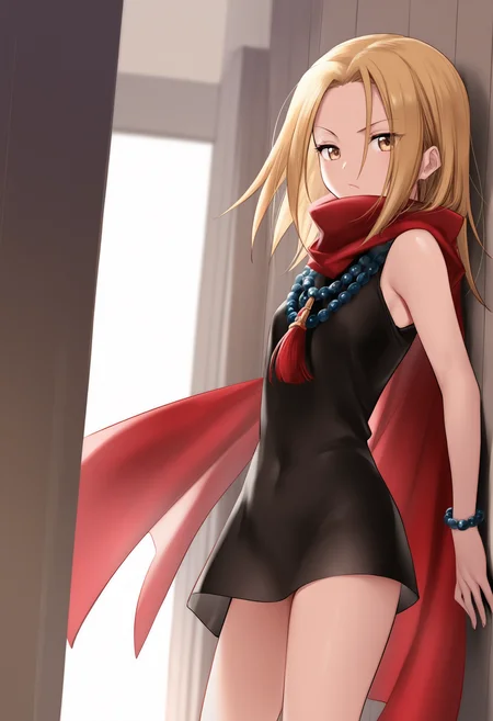 masterpiece, best quality, kojiann, short hair, blonde hair, brown eyes, short dress, sleeveless, bead necklace, red scarf, bracelet, standing, indoors, against wall, looking at viewer,    <lora:Anna IXL 2:1>