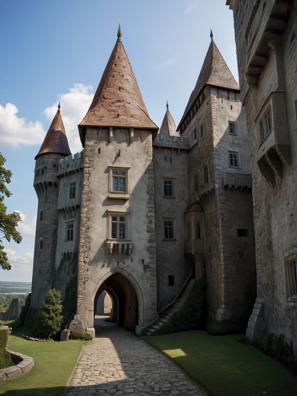 Hyperrealistic art overall view of the castle manor house, castle outdoor <lora:polyhedron_god rays-000007:0.6> <lora:Castle_manor:1.1> . Extremely high-resolution details, photographic, realism pushed to extreme, fine texture, incredibly lifelike