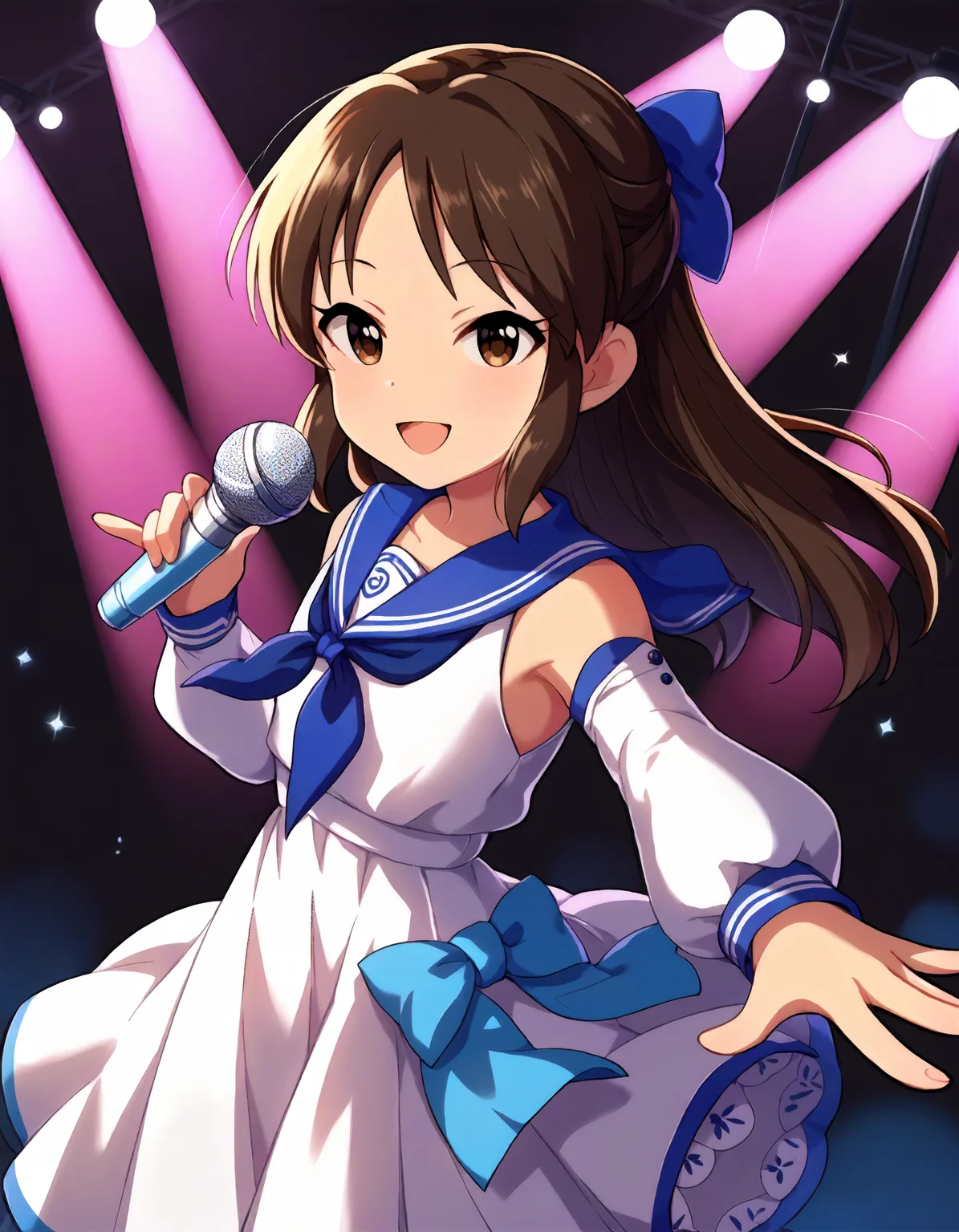 score_9,score_8_up,score_7_up,1girl,solo,cowboy shot,looking at viewer,smile,open mouth,holding microphone,stage lights,
<lora:tachibanaarisu_ponyXLV6:0.8>,cgtca,
brown hair,long hair,half updo,brown eyes,flat chest,
blue bow,neckerchief,white serafuku,detached sleeves,dress