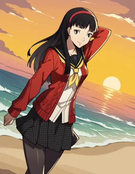 score_9, score_8_up, score_7_up, source_anime, <lora:yukiko-amagi-s1-ponyxl-lora-nochekaiser:1>, yukiko amagi, long hair, black hair, hairband, black eyes, medium breasts,, skirt, school uniform, pantyhose, serafuku, black pantyhose, shirt, white shirt, cardigan, red cardigan,, beach, sunset, walking along shore, footprints in sand, waves, peaceful, , , hand behind head, smile,, solo,, cowboy shot, dutch angle