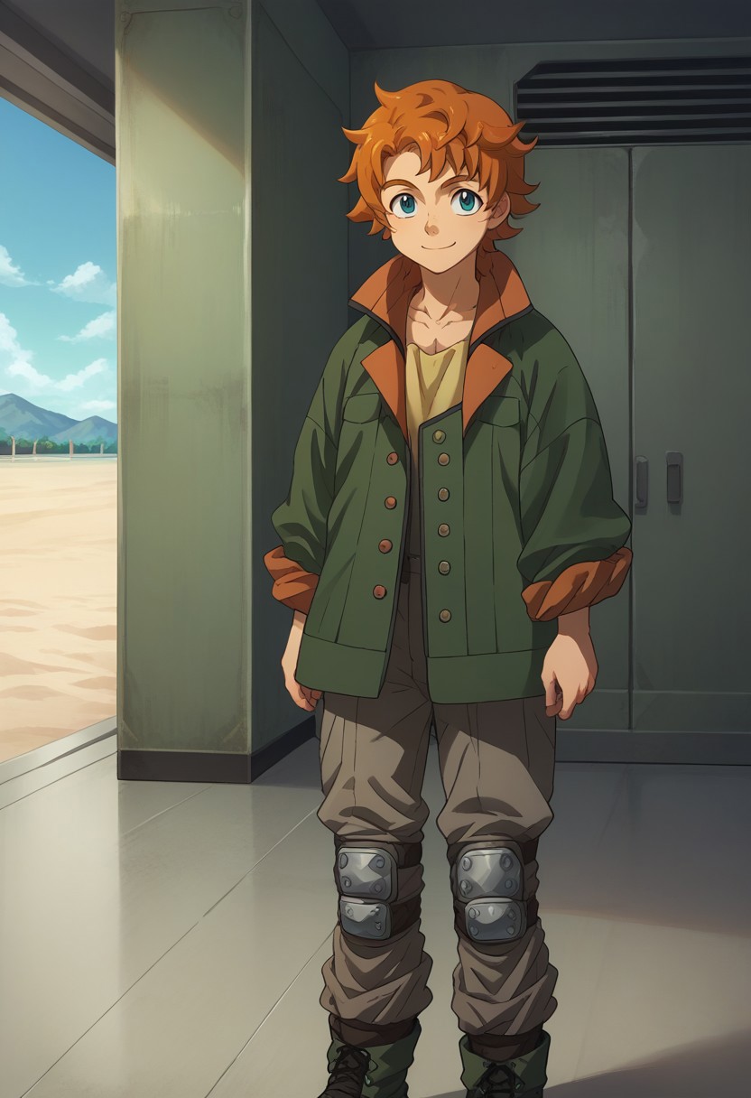 score_9, score_8_up, score_7_up, source_anime, highly detailed, 

ridemass, 1boy, male focus, solo, smile, blue eyes, orange hair, knee pads, jacket, green jacket, rolled up sleeves, boots,

indoor, hangar,