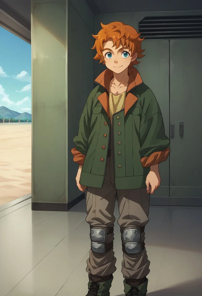 score_9, score_8_up, score_7_up, source_anime, highly detailed,
ridemass, 1boy, male focus, solo, smile, blue eyes, orange hair, knee pads, jacket, green jacket, rolled up sleeves, boots,
indoor, hangar,