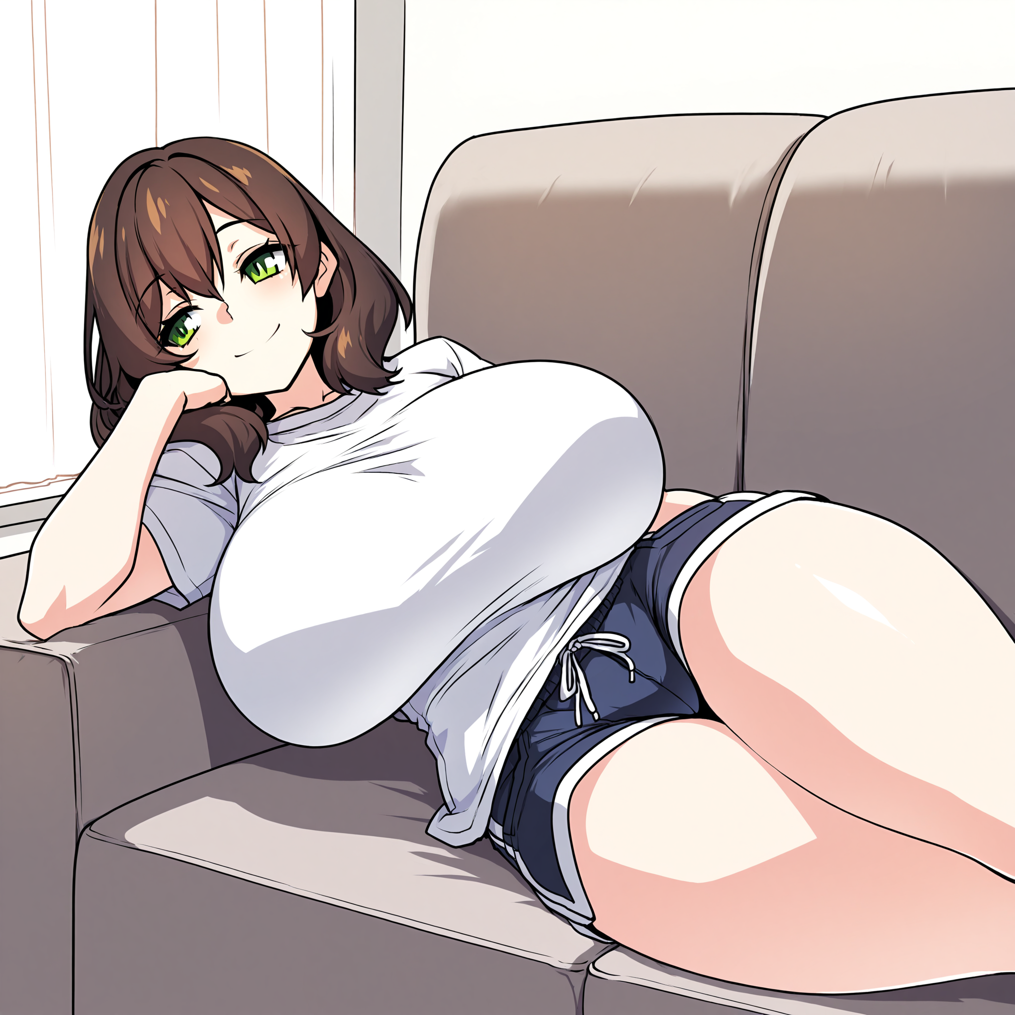 (masterpiece), best quality, (highly detailed), 1female, solo,  <lora:Lazy_Ant_style_Illustrious:0.8>, sofa, relaxing, room, indoor, brown hair, green eyes, tshirt, shorts, huge breasts, smile,