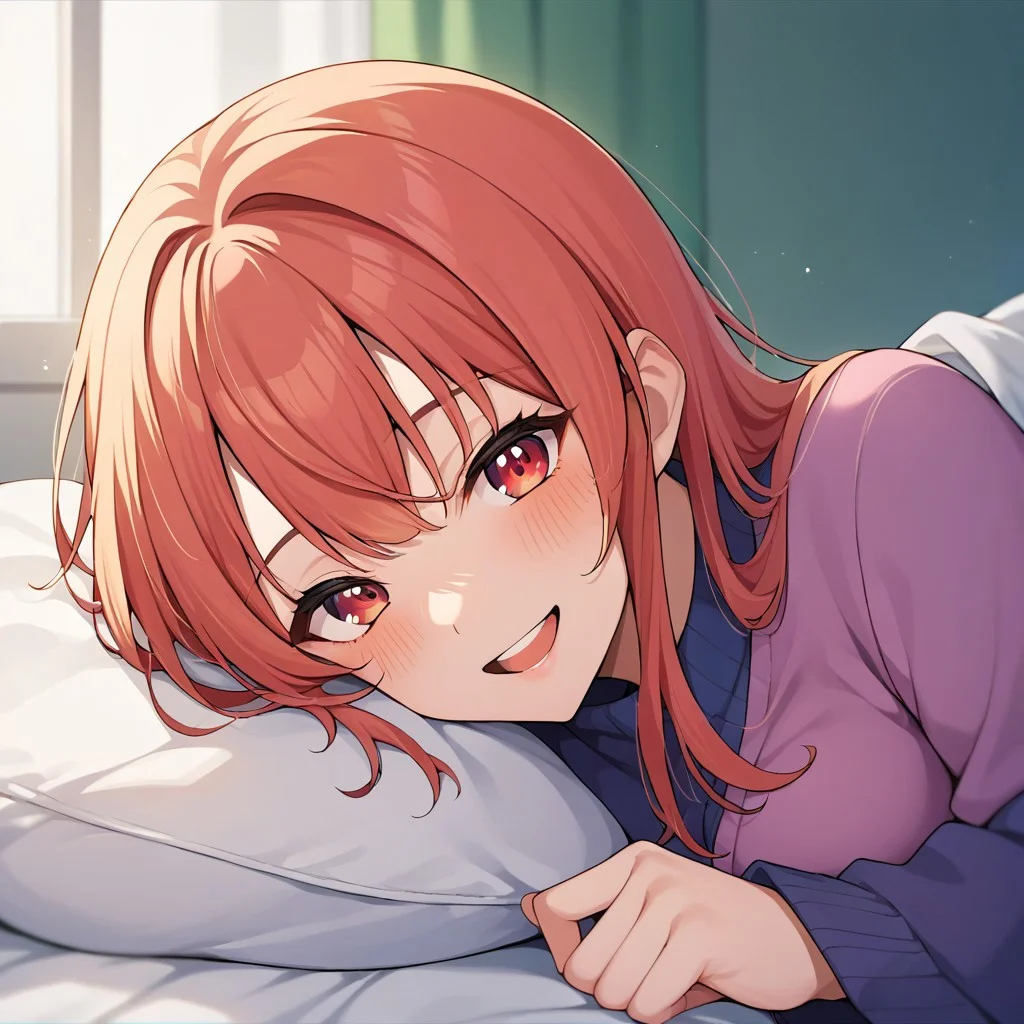 score_9, score_8_up, score_7_up, source_anime, pov across bed, POV, looking at viewer, blush, smile, open mouth, upper teeth only