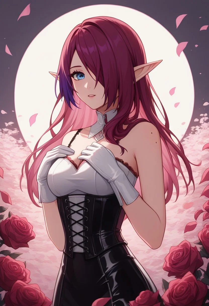 (score_9, score_8_up, score_7_up), 1 woman, milf, Chasca, red hair, purple hair, multicolored hair, rose in the hair, hair over one eye, blue eye, small elf ears, red evening dress with a neckline, red lace corset (leather/latex) , white leather/latex gloves, mole on shoulder, pink sakura background, Pink petals are falling from the tree, perfect lighting, very aesthetic, intricate details, highly detailed background, masterpiece, high quality, prefect hands, best quality, <lora:chasca-giPO-v1b-000007:0.9>