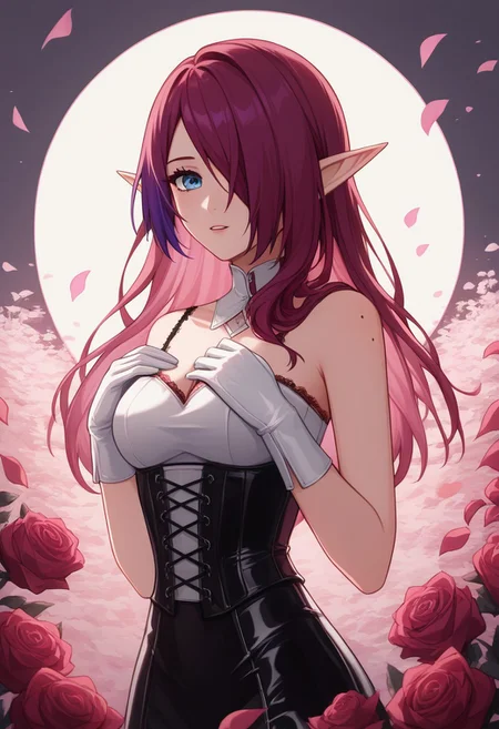(score_9, score_8_up, score_7_up), 1 woman, milf, Chasca, red hair, purple hair, multicolored hair, rose in the hair, hair over one eye, blue eye, small elf ears, red evening dress with a neckline, red lace corset (leather/latex) , white leather/latex gloves, mole on shoulder, pink sakura background, Pink petals are falling from the tree, perfect lighting, very aesthetic, intricate details, highly detailed background, masterpiece, high quality, prefect hands, best quality, <lora:chasca-giPO-v1b-000007:0.9>