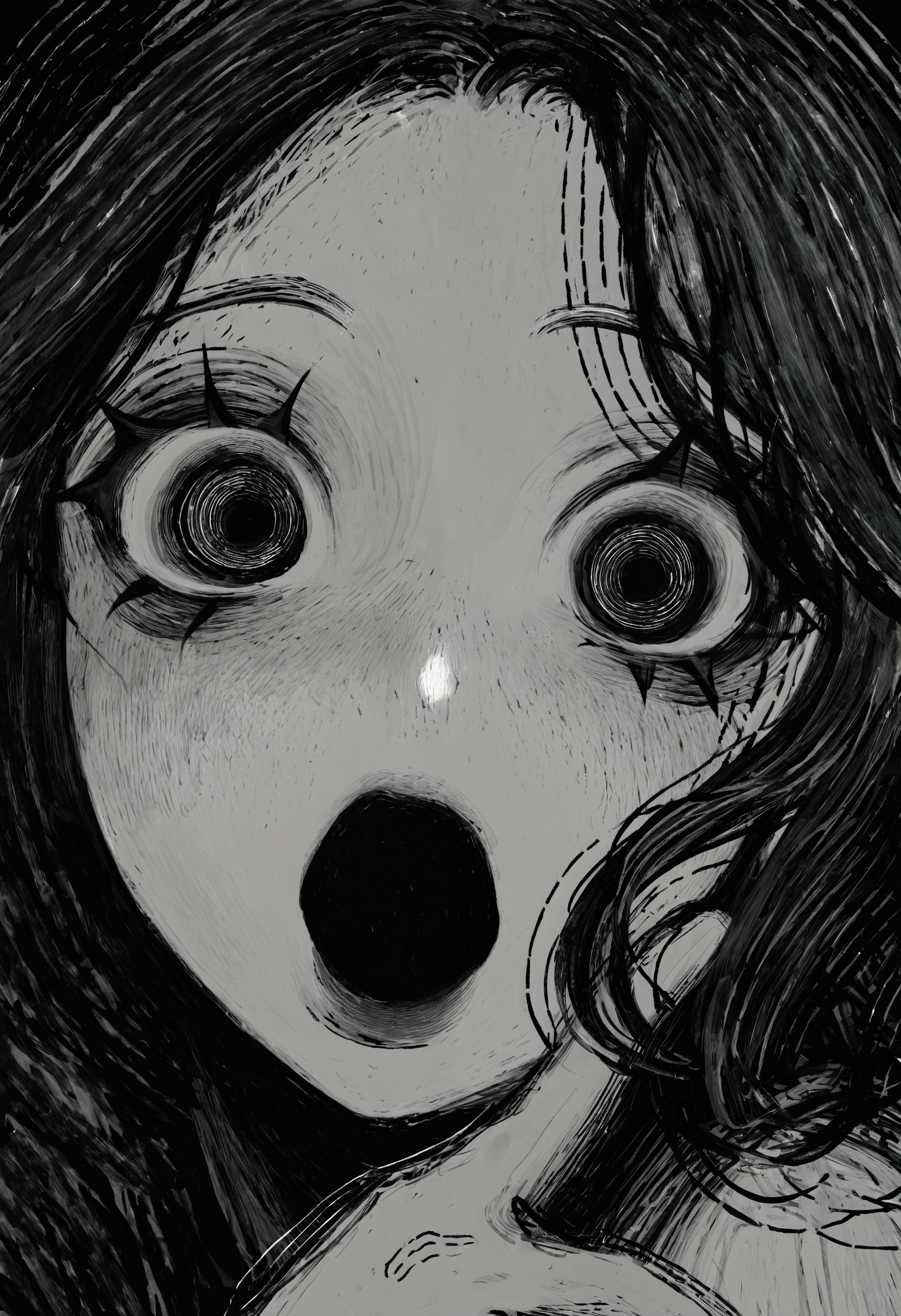 <lora:TnhocXQ=-noobaiXLNAIXL_epsilonPred_V110_V1-CAME>, Tnho, monochrome, greyscale, 1girl, greyscale, looking at viewer, hand up, portrait, freckles, :o, wide-eyed, open mouth, eyelashes, horror \(theme\), long hair, close-up, eye focus