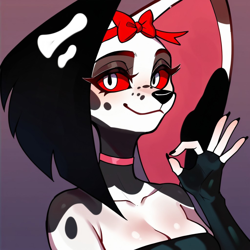 score_9, score_8_up, score_7_up, Expressiveh, masterpiece, best quality, highly detailed, realistic, (zPDXL3), 1girl, solo, (RuffetteHB, furry, anthro, canine, dalmatian, black body, white body, black body, black fur, two tone body, two tone fur, spotted body, spotted fur, black eyebrows, red sclera, white eyes, black nose, big ears, black nails), face only, close-up, smile, closed mouth, happy, ((black topwear, black armwear, fingerless armwear, pink choker, red hair ribbon)), looking at viewer, purple background, simple background, (ok sign), (((5 fingers)))