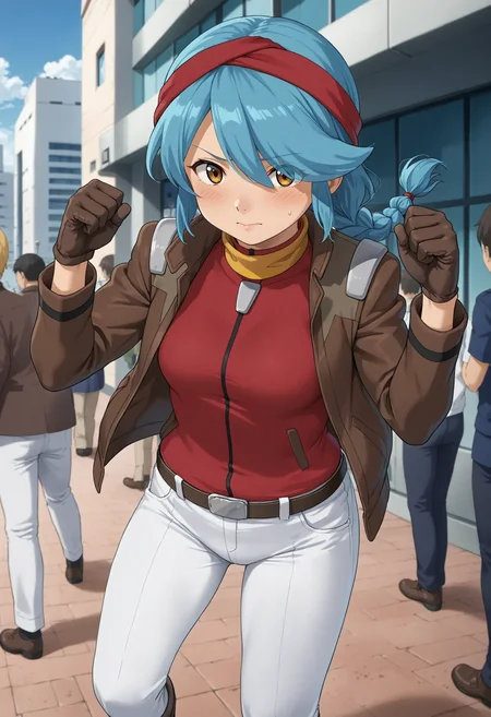 <lora:Hyper-SDXL-8steps-lora:1> <lora:Fixhands_anime_bdsqlsz_V1:1> zPDXL2, score_9, score_8_up, score_7_up, source_anime, intricate details, perfect anatomy BREAK
outdoors, city, tokyo, japan, audience, crowd, clenched hands fighting stance, standing, Passionate, A heated look, a flushed face, and a quickened breath., 1girl, solo, solo focus, 
<lora:GAGE-arisa_gunhale_XL(pony)v10:1> GAGE-arisa, green hair, hair over one eye, single braid, red hairband, brown eyes, gage-arisa outfit, yellow choker, brown jacket, red shirt, brown gloves, white pants, brown boots,