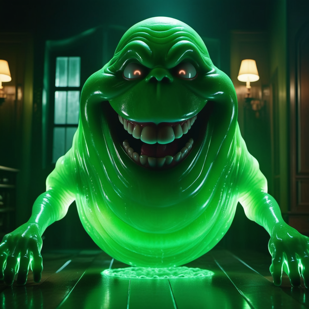 Slimer1024, a glowing green see-through ghost, wet and slimy, in hauted house, features intricate detail, detailed eyes, highly detailed, photography, ultra sharp, film, bokeh, professional, 4k  <lora:Slimer1024:0.3>