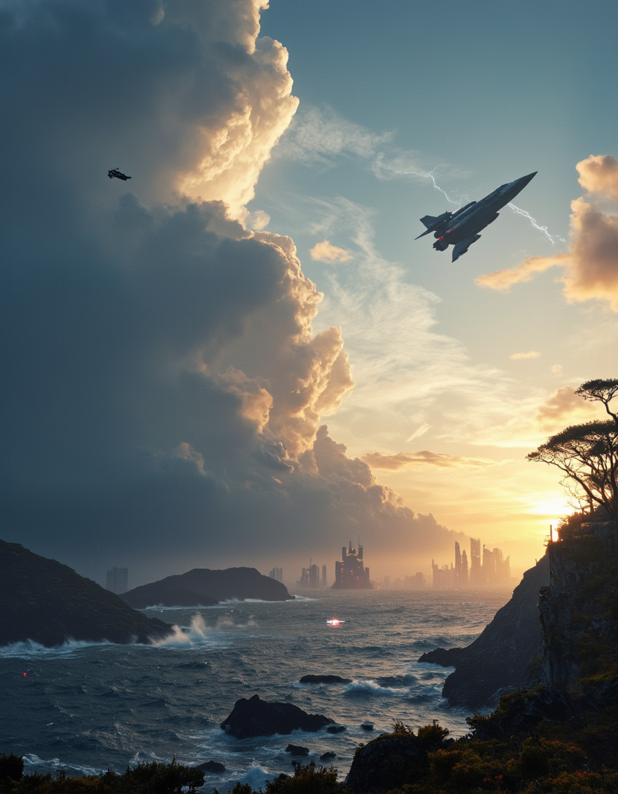 <lora:SW01v2-1flux:1>  EFFD02, imagination, cyberpunk city, epic world, sunset, SE12, rich detailed sky, clouds, T10, landscape, huge very high waves, epic scale, rocks, tortured trees, vegetation, moss, rough sea, blue, T1, white, dark blue, fantasy, blue, gold, T3, T7, bokeh, T4, spacecraft, storm, lightnings, wind, impressive,