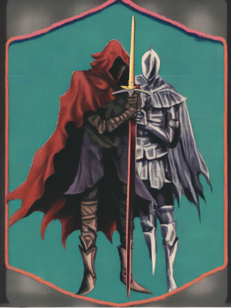 vermis style, holding, standing, weapon, boots, multiple boys, sword, hood, cape, holding weapon, armor, holding sword, border, helmet, hood up, multiple others, full armor, framed, helm , <lora:VermisStyleXL:1>