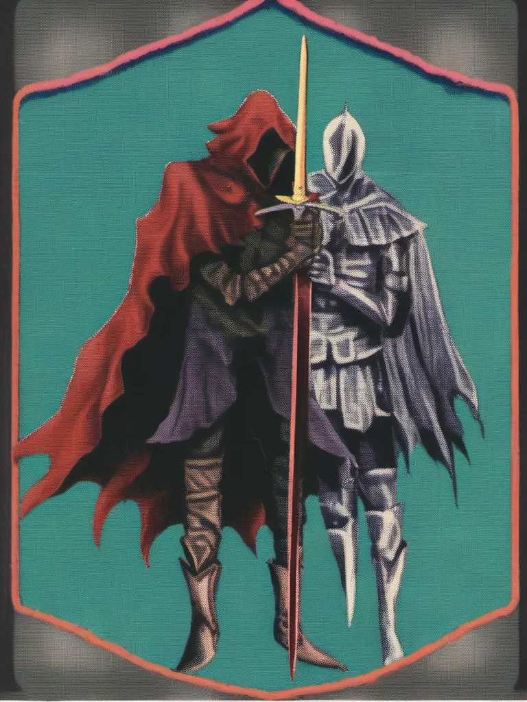 vermis style, holding, standing, weapon, boots, multiple boys, sword, hood, cape, holding weapon, armor, holding sword, border, helmet, hood up, multiple others, full armor, framed, helm , <lora:VermisStyleXL:1>
