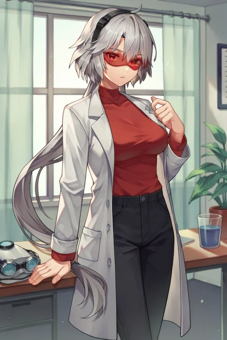 score_9, score_8_up, score_7_up, score_6_up, score_5_up, score_4_up, BREAK, <lora:risa0826-sdxl-000024:1>, liescha koenig, short hair, long ponytail, low ponytail, double ponytail, grey hair, red eyes, solo, lab coat, black pants, tied hair, indoors, curtains, window, tiles, tsurime, (arm support:1.3), red shirt, safety goggles, (hands on table:1.0), the pose, looking at viewer, red-tinted eyewear