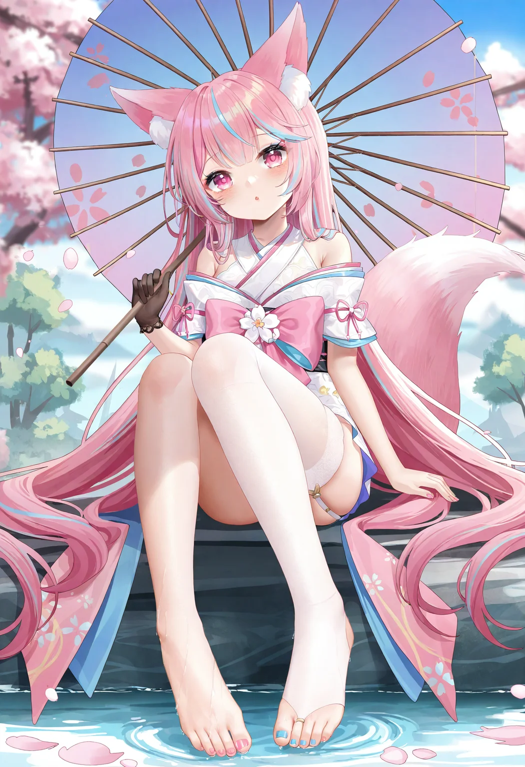 1girl, blue hair, animal ears, umbrella, toenail polish, thighhighs, nail polish, multicolored hair, pink eyes, pink hair, toenails, long hair, tail, toeless legwear, oil-paper umbrella, solo, gloves, virtual youtuber, looking at viewer, holding, sitting, japanese clothes, single thighhigh, cherry blossoms, animal ear fluff, kimono, fox ears, garter straps, blue nails, toes, barefoot, bow, holding umbrella, outdoors, feet, fox tail, water, tree, black gloves, very long hair, legs, pink nails, streaked hair, blush, full body, pink bow, single glove, bare shoulders,
masterpiece,best quality,newest,absurdres,highres,very awa,<lora:moya1_noob1.1-000193:0.7>,(fh moya:0.3),
