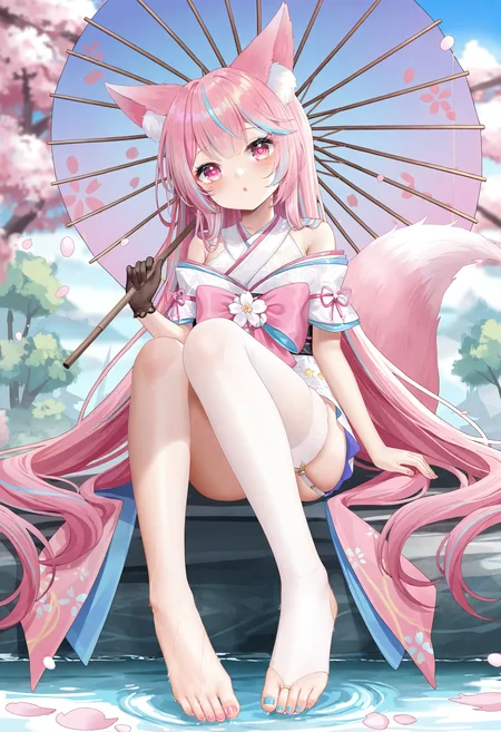 1girl, blue hair, animal ears, umbrella, toenail polish, thighhighs, nail polish, multicolored hair, pink eyes, pink hair, toenails, long hair, tail, toeless legwear, oil-paper umbrella, solo, gloves, virtual youtuber, looking at viewer, holding, sitting, japanese clothes, single thighhigh, cherry blossoms, animal ear fluff, kimono, fox ears, garter straps, blue nails, toes, barefoot, bow, holding umbrella, outdoors, feet, fox tail, water, tree, black gloves, very long hair, legs, pink nails, streaked hair, blush, full body, pink bow, single glove, bare shoulders,
masterpiece,best quality,newest,absurdres,highres,very awa,<lora:moya1_noob1.1-000193:0.7>,(fh moya:0.3),