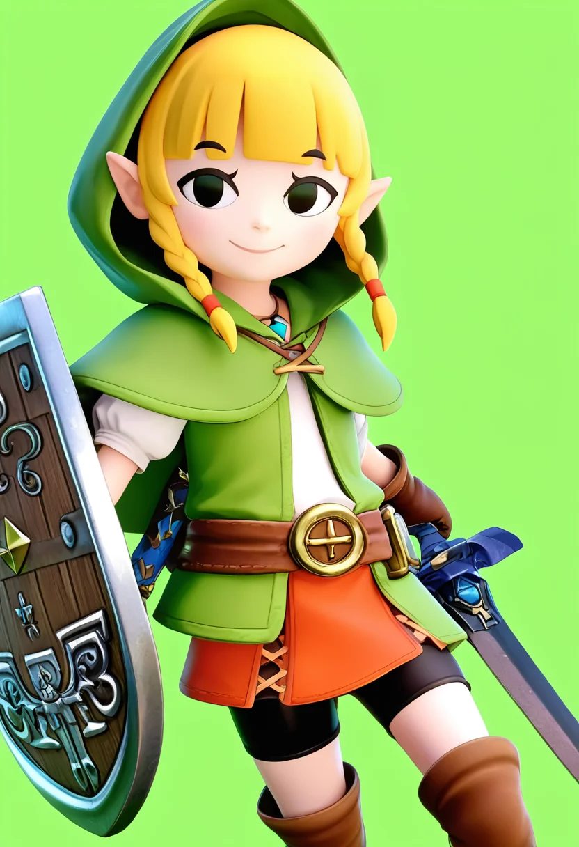 (score_9:0.9),score_8_up,score_7_up,anime style,rating_safe,(zPDXL),<lora:Well excuuuuuussse me princess ponyXL v2:0.75>,toon linkle,shield,1girl,weapon,sword,solo,holding weapon,smile,triforce,holding master sword,holding,master sword,green background,looking at viewer,left-handed,bike shorts,green cloak,