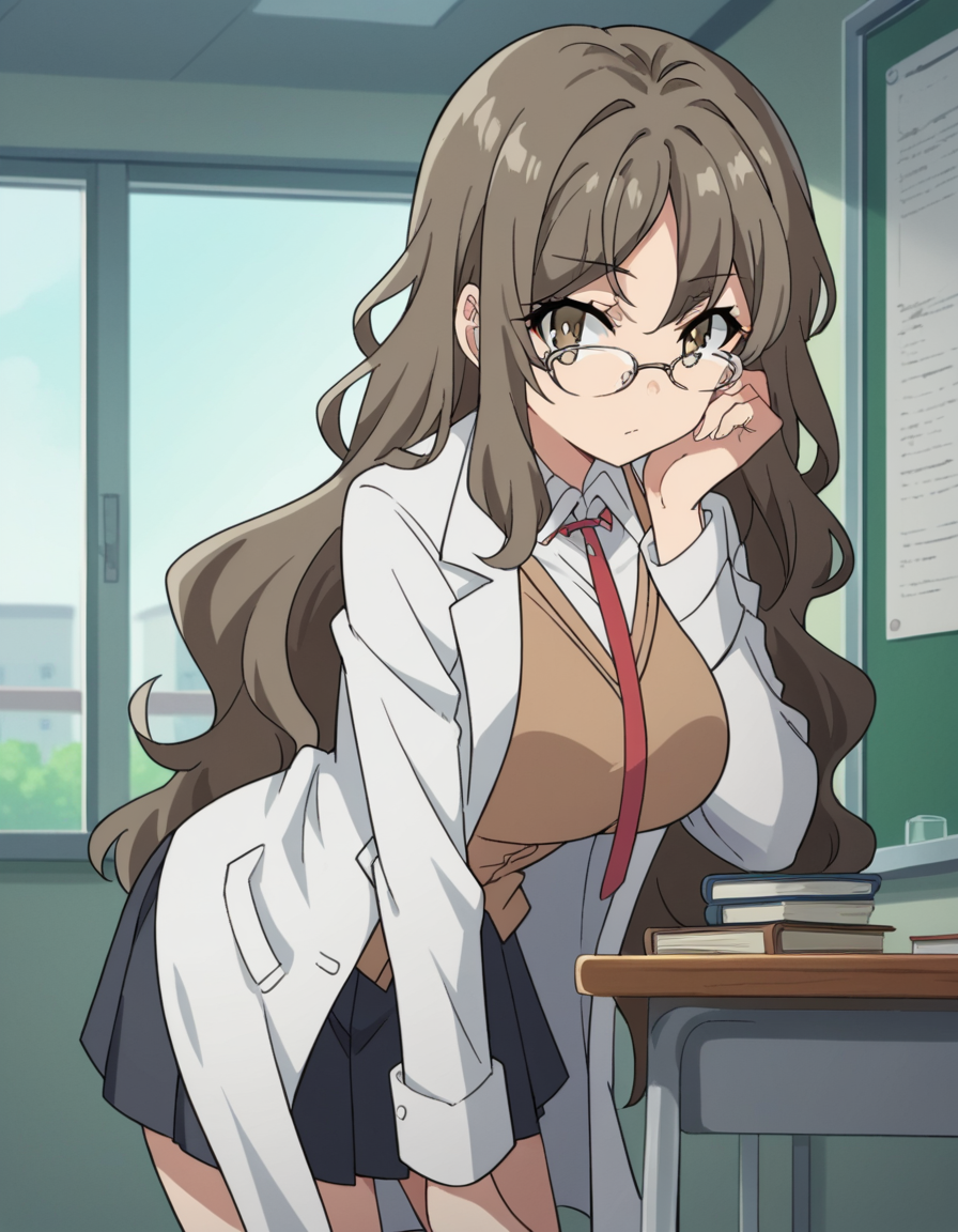 score_9, score_8_up, score_7_up, source_anime,
riofutaba, <lora:rio-futaba-s1-ponyxl-lora-nochekaiser:1>
rio futaba, long hair, brown hair, brown eyes, large breasts,
glasses, skirt, shirt, school uniform, white shirt, pleated skirt, glasses, collared shirt, black skirt, vest, red necktie, labcoat, white labcoat, brown vest,
indoors, classroom, bent over,
looking at viewer, cowboy shot, dutch angle, solo,