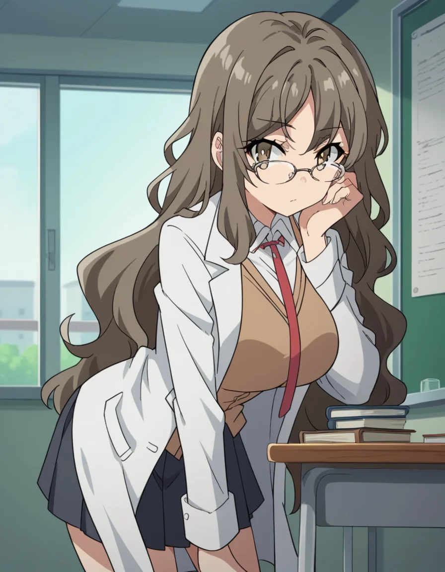 score_9, score_8_up, score_7_up, source_anime,
riofutaba, <lora:rio-futaba-s1-ponyxl-lora-nochekaiser:1>
rio futaba, long hair, brown hair, brown eyes, large breasts,
glasses, skirt, shirt, school uniform, white shirt, pleated skirt, glasses, collared shirt, black skirt, vest, red necktie, labcoat, white labcoat, brown vest,
indoors, classroom, bent over,
looking at viewer, cowboy shot, dutch angle, solo,