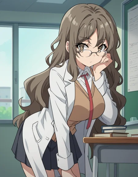 score_9, score_8_up, score_7_up, source_anime,
riofutaba, <lora:rio-futaba-s1-ponyxl-lora-nochekaiser:1>
rio futaba, long hair, brown hair, brown eyes, large breasts,
glasses, skirt, shirt, school uniform, white shirt, pleated skirt, glasses, collared shirt, black skirt, vest, red necktie, labcoat, white labcoat, brown vest,
indoors, classroom, bent over,
looking at viewer, cowboy shot, dutch angle, solo,