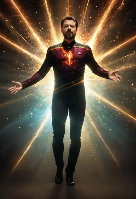 Illustrate the imminent culmination of a Excited into the light looking Riker form being casted with the delicate sexy fusion of plasma particles and beam particles capturing the ethereal moment just before its completion at the Star Trek TNG, where the merging elements hint at the finality of a harmonious synthesis, wearing only a see through skintight full bodysuit
very detailed, hd, RAW photograph, masterpiece, top quality, best quality, official art,highest detailed, atmospheric lighting, cinematic composition, complex multiple subjects, 4k HDR, vibrant, highly detailed, Leica Q2 with Summilux 35mm f/1.2 ASPH, Ultra High Resolution, wallpaper, 8K, Rich texture details, hyper detailed, detailed eyes, detailed background, dramatic angle, epic composition, high quality , (8k, RAW photo, highest quality), hyperrealistic,