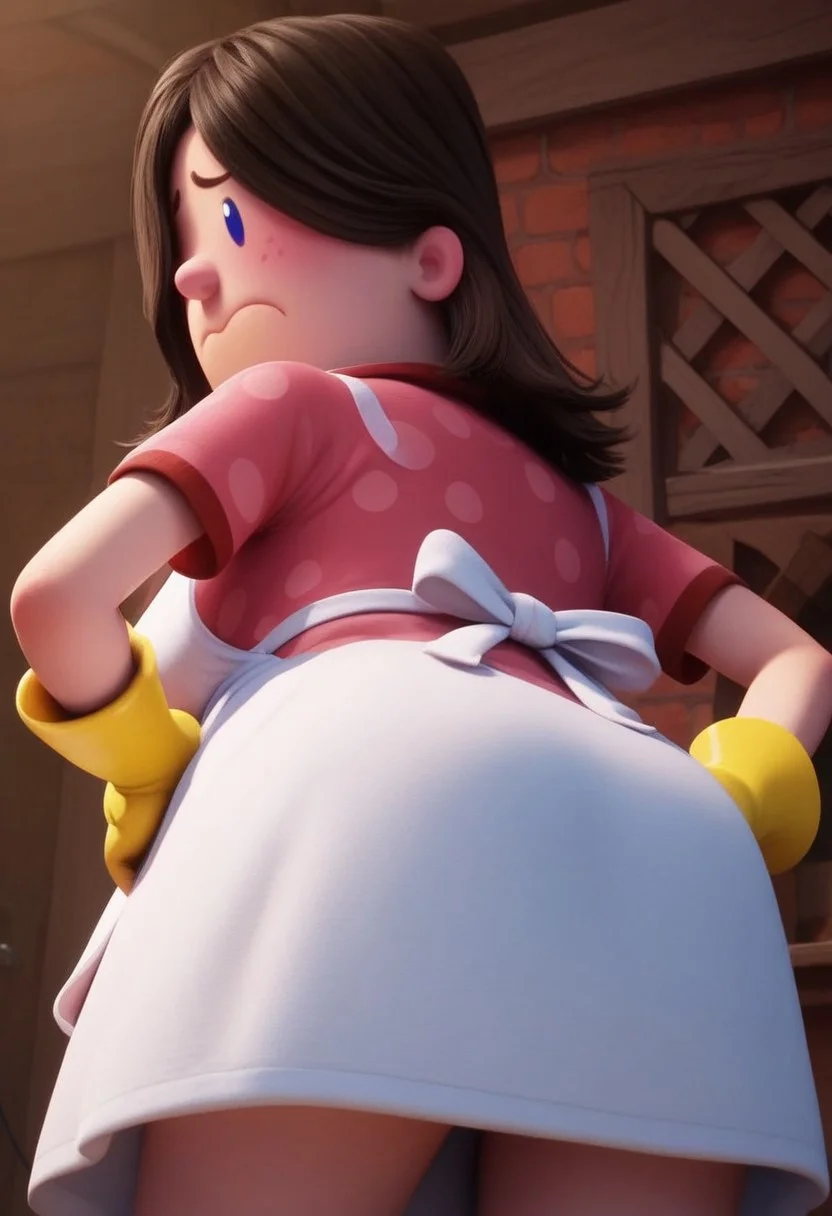 edith (captain underpants), 1girl, dark brown hair, hair over one eye, hair covering one eye, dot blue eyes, freckles, blush, pink polka dot dress, short sleeves, white apron, yellow dishwashing gloves, pink mary janes, white socks, plump, curvy, Expressiveh, shy, score_8_up, score_7_up, BREAK, 1girl, solo, cute, from behind, looking back, from below, hands on hips, head tilt, ass focus, looking at viewer, detailed background, 4k, masterpiece, best quality, highly detailed, realistic, low-angle shot, realistic, 3d, no neck, wavy mouth, chibi