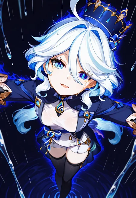 (masterpiece, newest, dynamic angle), anime, 1girl, portrait, petite, standing, Furina_(Genshin_Impact), (water droplet hair ornament), diamond-shaped pupils, (blue coronet), glowing eyes, spread arms, looking at viewer, open mouth, white shirt, blue coat, open coat, white shorts, black thighhighs, bare feet, small breasts, head tilt, expressionless, streaming tears, (light smile), glowing vision (genshin impact), water droplets, glowing water droplets, rain, (blue aura), dark blue background, dark, night