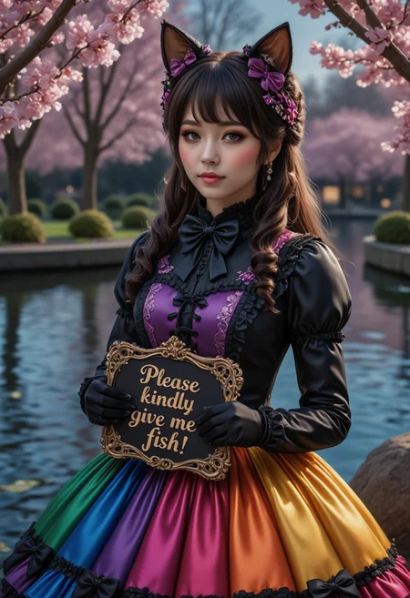Professional photo of a beautiful mature cat-woman wearing elegant gothic dark rainbow frilly padded sweet lolitafashion dress decorated with many bow and frills. Her long straight dark hair is decorated with many flower themed accessories. She is also wearing long lace elbow gloves and cute mary janes shoes with bows. She is holding a fancy sign which says "Please kindly give me fish!" in an elaborate elegant font. She is standing in a park at night with a small lake and blooming cherry blossom trees.
sweetegl, sweetop, swe3tjsk, bl0use,
dark gothic rainbow theme, park, cherry blossom trees, lakeside, cat ears, covered chest