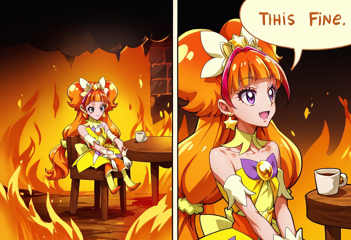 score_9, score_8_up, score_7_up, 2koma, comic, fire, sitting, speech bubble, burning, table, chair, cup, <lora:ThisIsFine_pdxl_Incrs_v1:1>, curetwinkle
