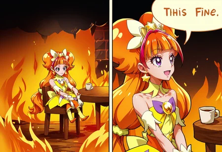score_9, score_8_up, score_7_up, 2koma, comic, fire, sitting, speech bubble, burning, table, chair, cup, <lora:ThisIsFine_pdxl_Incrs_v1:1>, curetwinkle